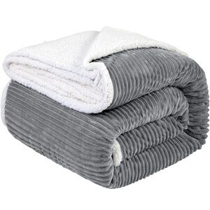 LBRO2M Striped Sherpa Fleece Super Soft Bed Blanket Queen Size